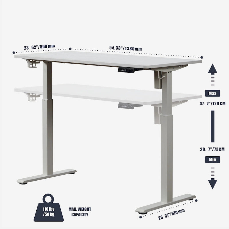 55" Electric Height-Adjustable Sit-Stand Desk, White, 1-Person