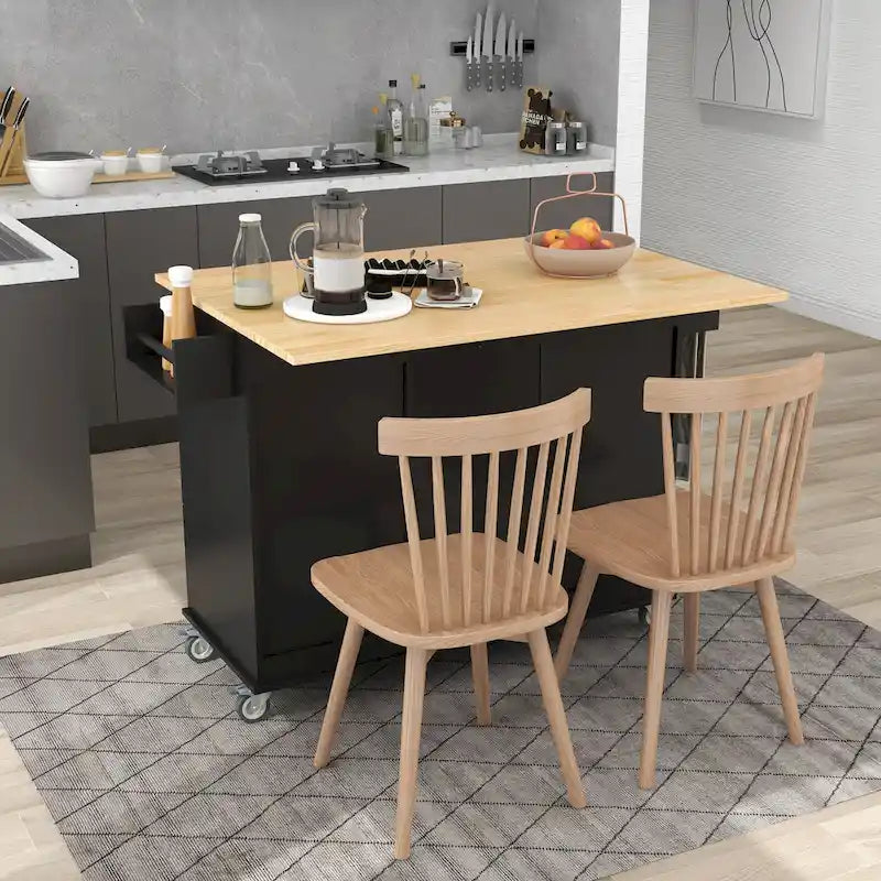 Black Rolling Kitchen Island with Drop-Leaf Bar, Drawers & Storage – For 2