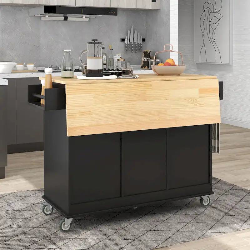 Black Rolling Kitchen Island with Drop-Leaf Bar, Drawers & Storage – For 2