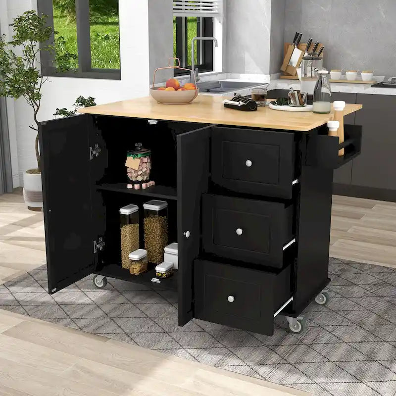 Black Rolling Kitchen Island with Drop-Leaf Bar, Drawers & Storage – For 2