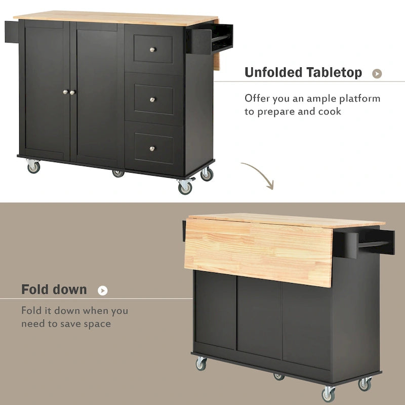 Black Rolling Kitchen Island with Drop-Leaf Bar, Drawers & Storage – For 2