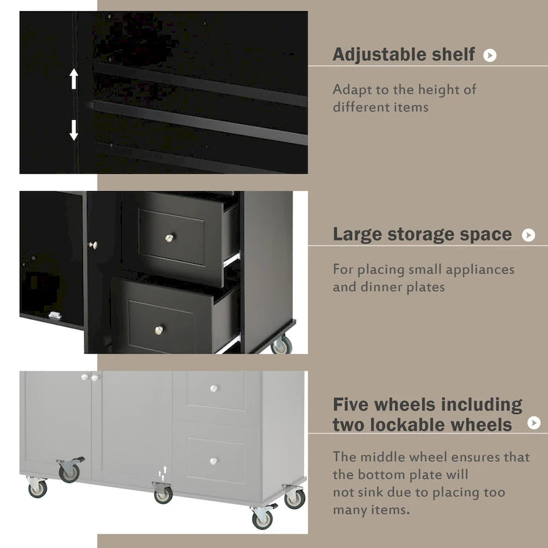 Black Rolling Kitchen Island with Drop-Leaf Bar, Drawers & Storage – For 2