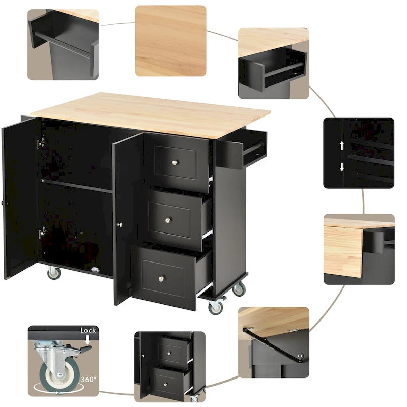 Black Rolling Kitchen Island with Drop-Leaf Bar, Drawers & Storage – For 2