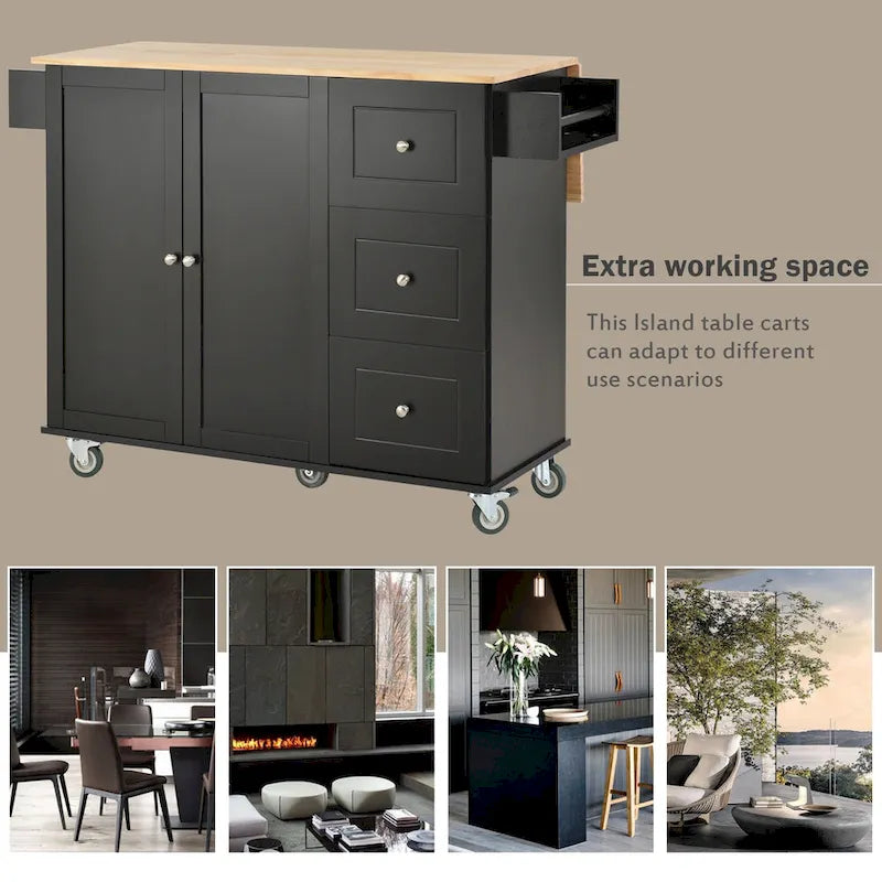 Black Rolling Kitchen Island with Drop-Leaf Bar, Drawers & Storage – For 2