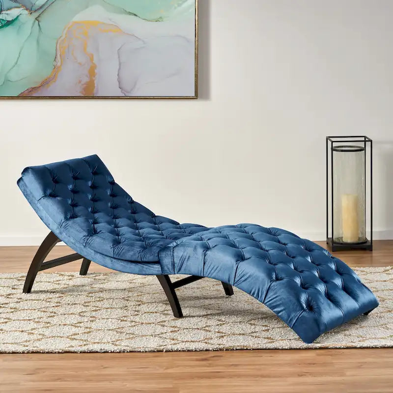 Tufted Velvet Chaise Lounge, Single Seat, Dark Brown Legs