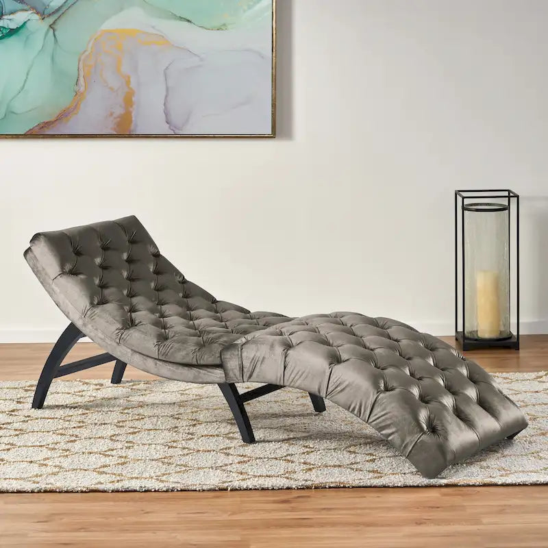 Tumbona individual de terciopelo capitoné con patas marrón oscuro