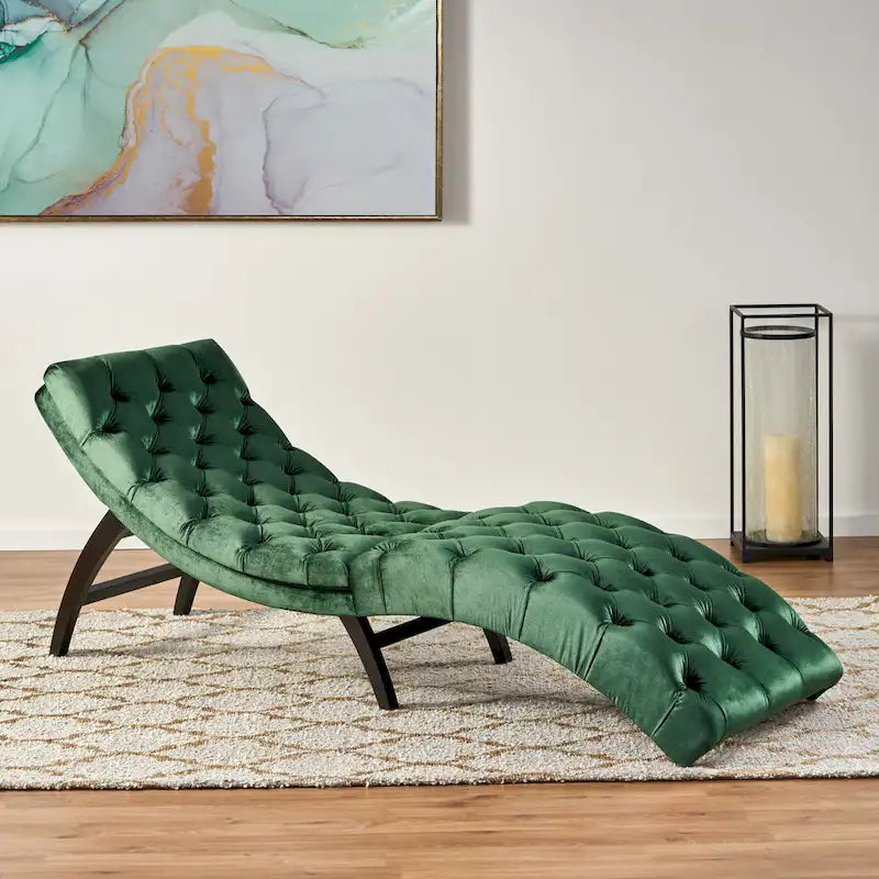 Tufted Velvet Chaise Lounge, Single Seat, Dark Brown Legs