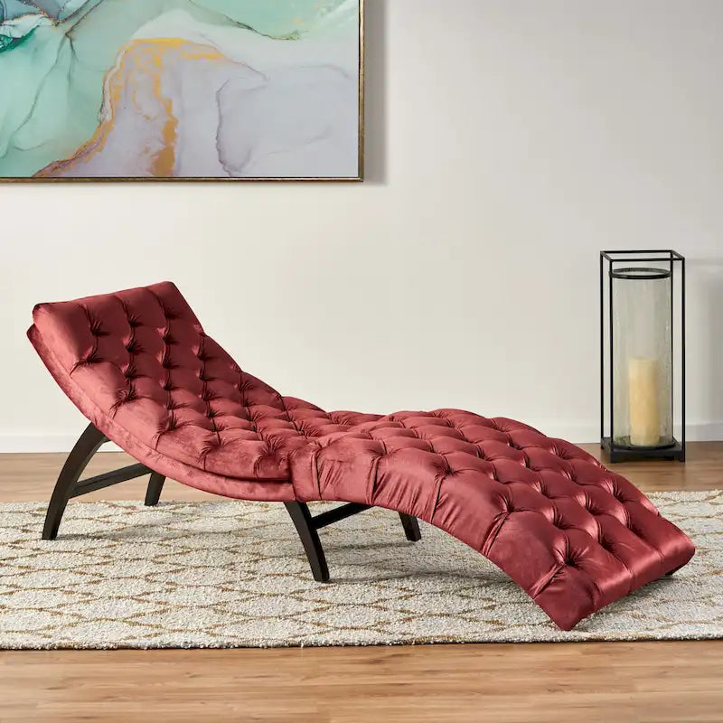 Tufted Velvet Chaise Lounge, Single Seat, Dark Brown Legs