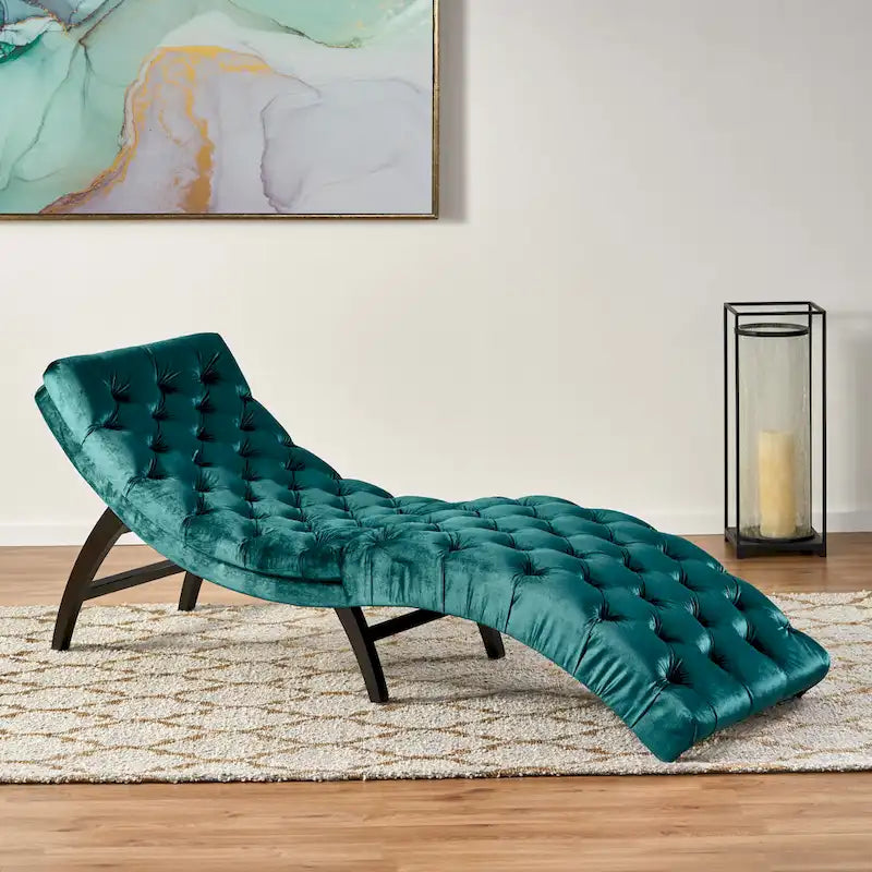 Tufted Velvet Chaise Lounge, Single Seat, Dark Brown Legs