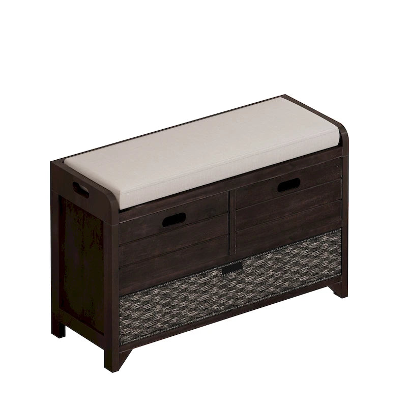 Storage Bench with Cushion, 2 Drawers & Basket – Espresso / Oak / White / Blue, 1-Seater