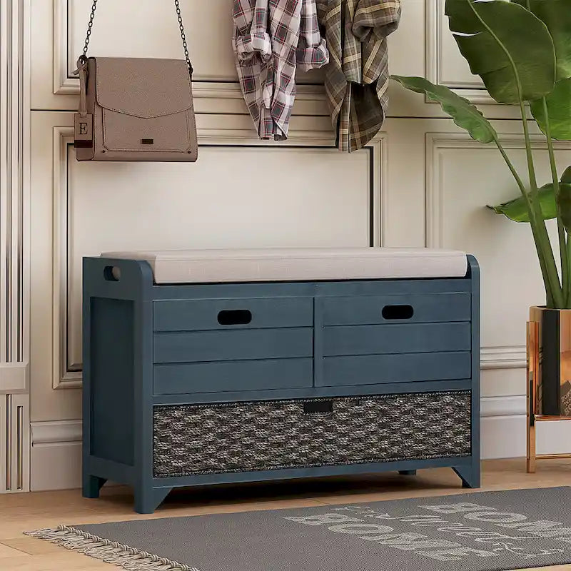Storage Bench with Cushion, 2 Drawers & Basket – Espresso / Oak / White / Blue, 1-Seater