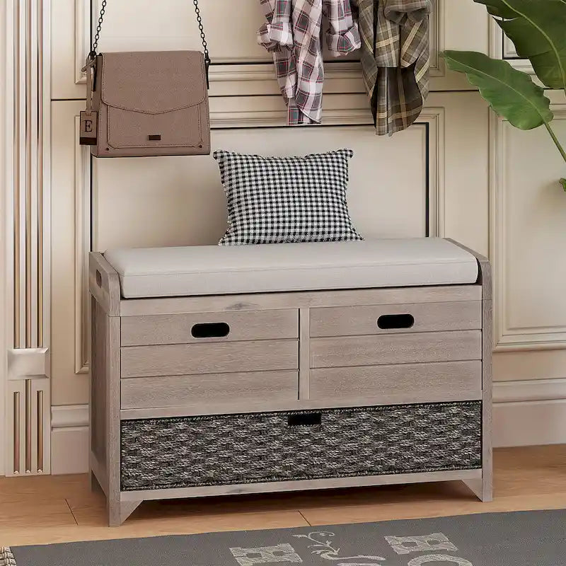Storage Bench with Cushion, 2 Drawers & Basket – Espresso / Oak / White / Blue, 1-Seater