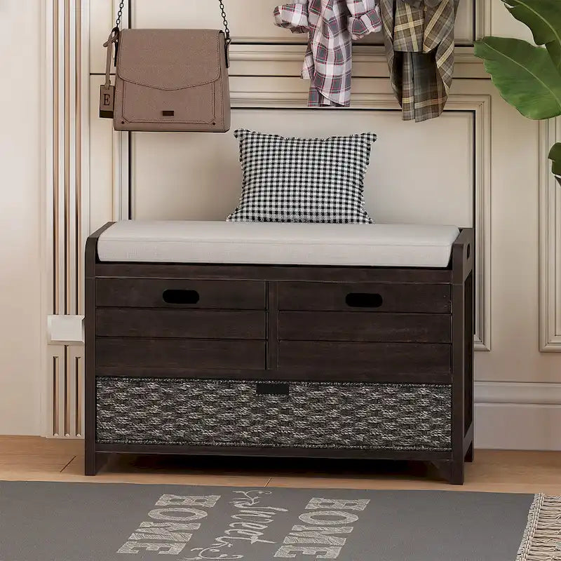 Storage Bench with Cushion, 2 Drawers & Basket – Espresso / Oak / White / Blue, 1-Seater