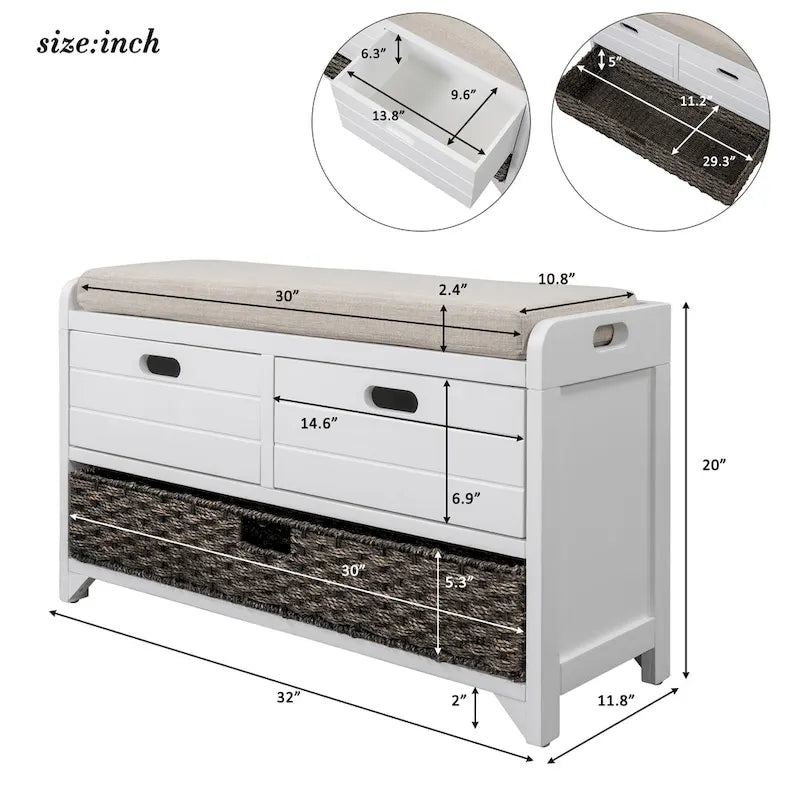 Storage Bench with Cushion, 2 Drawers & Basket – Espresso / Oak / White / Blue, 1-Seater
