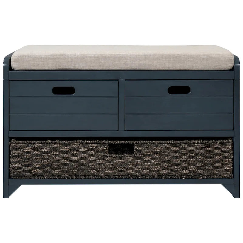 Storage Bench with Cushion, 2 Drawers & Basket – Espresso / Oak / White / Blue, 1-Seater