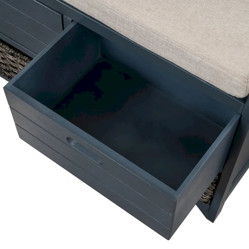 Storage Bench with Cushion, 2 Drawers & Basket – Espresso / Oak / White / Blue, 1-Seater