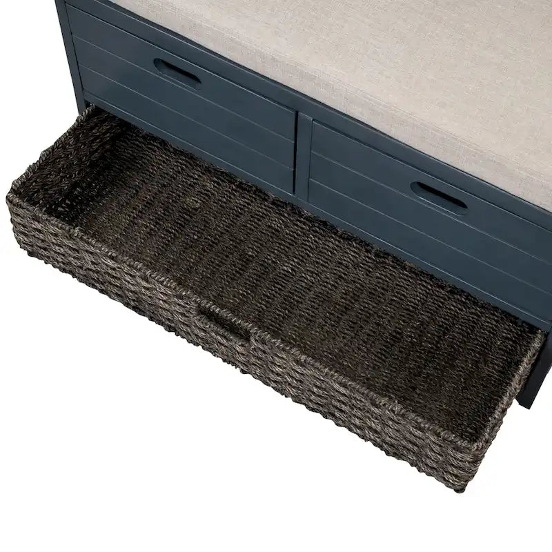 Storage Bench with Cushion, 2 Drawers & Basket – Espresso / Oak / White / Blue, 1-Seater