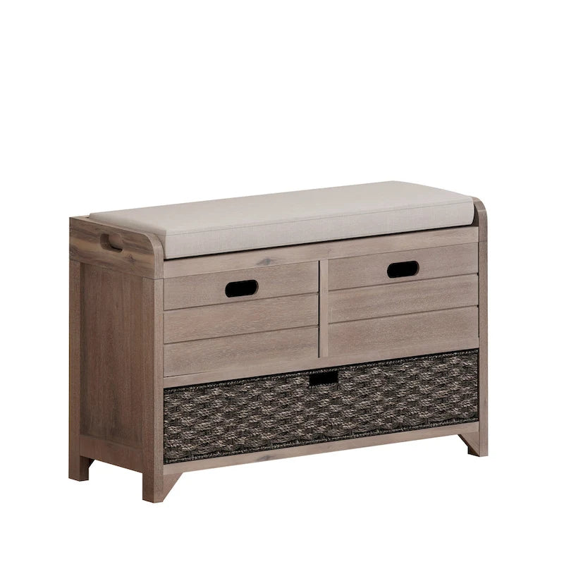 Storage Bench with Cushion, 2 Drawers & Basket – Espresso / Oak / White / Blue, 1-Seater