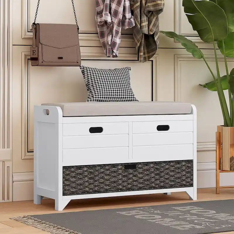 Storage Bench with Cushion, 2 Drawers & Basket – Espresso / Oak / White / Blue, 1-Seater