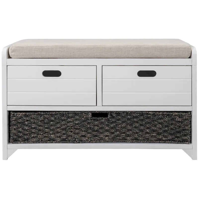 Storage Bench with Cushion, 2 Drawers & Basket – Espresso / Oak / White / Blue, 1-Seater