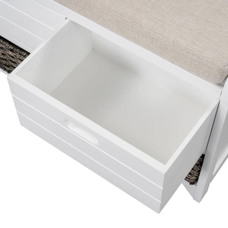 Storage Bench with Cushion, 2 Drawers & Basket – Espresso / Oak / White / Blue, 1-Seater