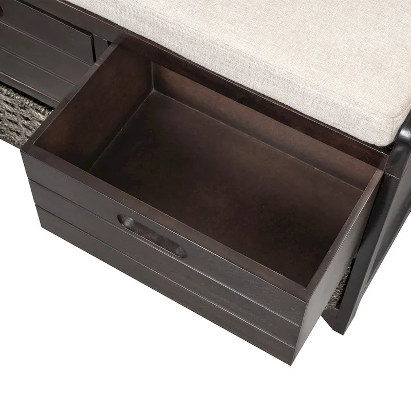 Storage Bench with Cushion, 2 Drawers & Basket – Espresso / Oak / White / Blue, 1-Seater