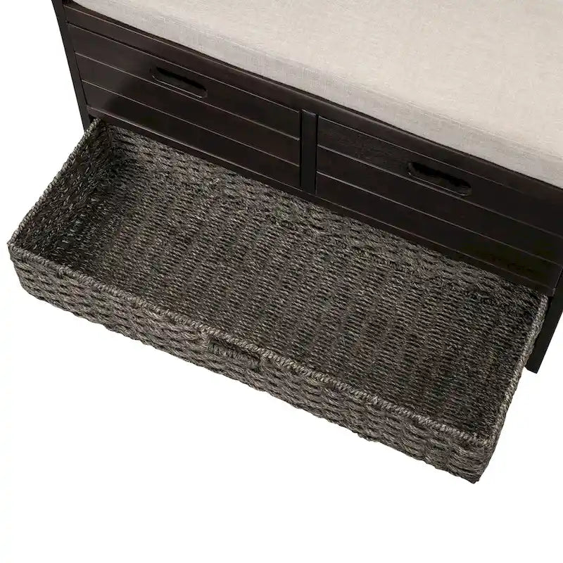 Storage Bench with Cushion, 2 Drawers & Basket – Espresso / Oak / White / Blue, 1-Seater