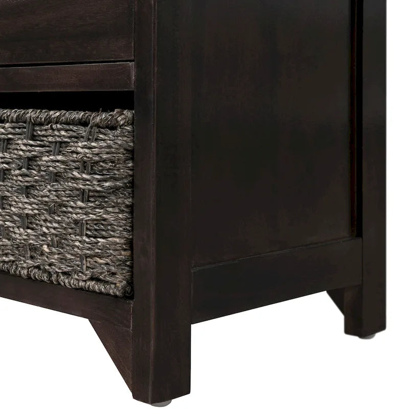 Storage Bench with Cushion, 2 Drawers & Basket – Espresso / Oak / White / Blue, 1-Seater