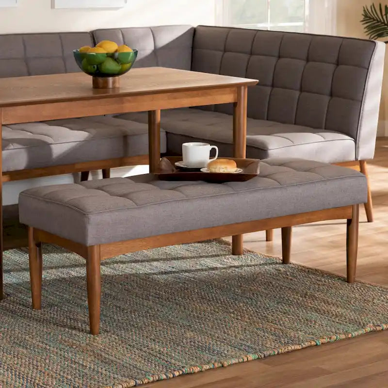 Grey / Dark Brown / Tan Mid-Century Dining Bench, 2-Seat