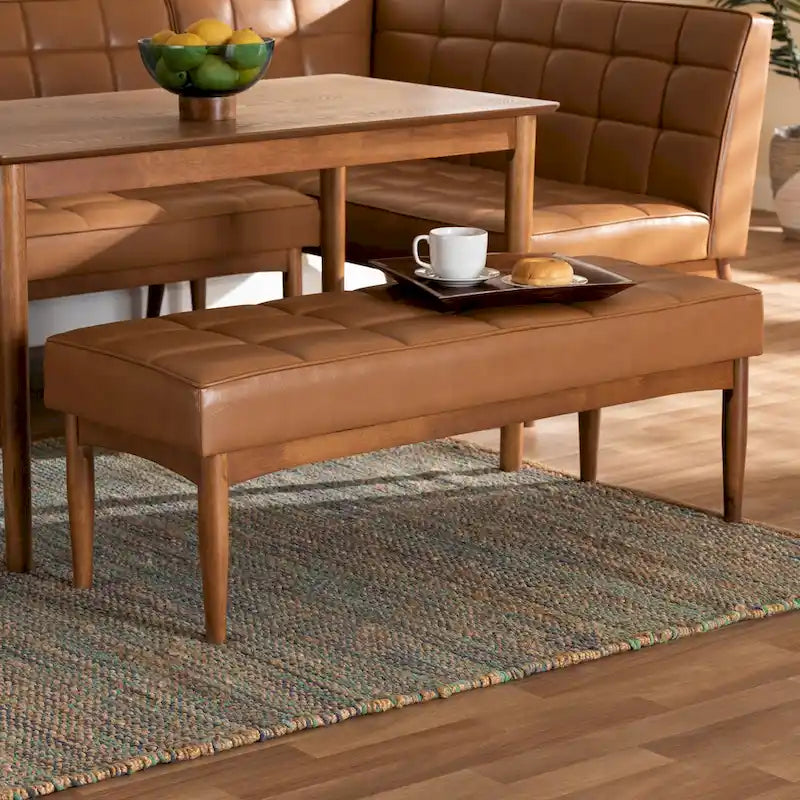 Grey / Dark Brown / Tan Mid-Century Dining Bench, 2-Seat