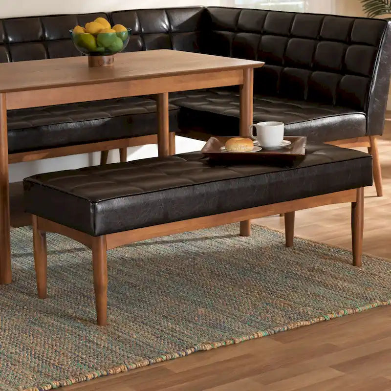 Grey / Dark Brown / Tan Mid-Century Dining Bench, 2-Seat