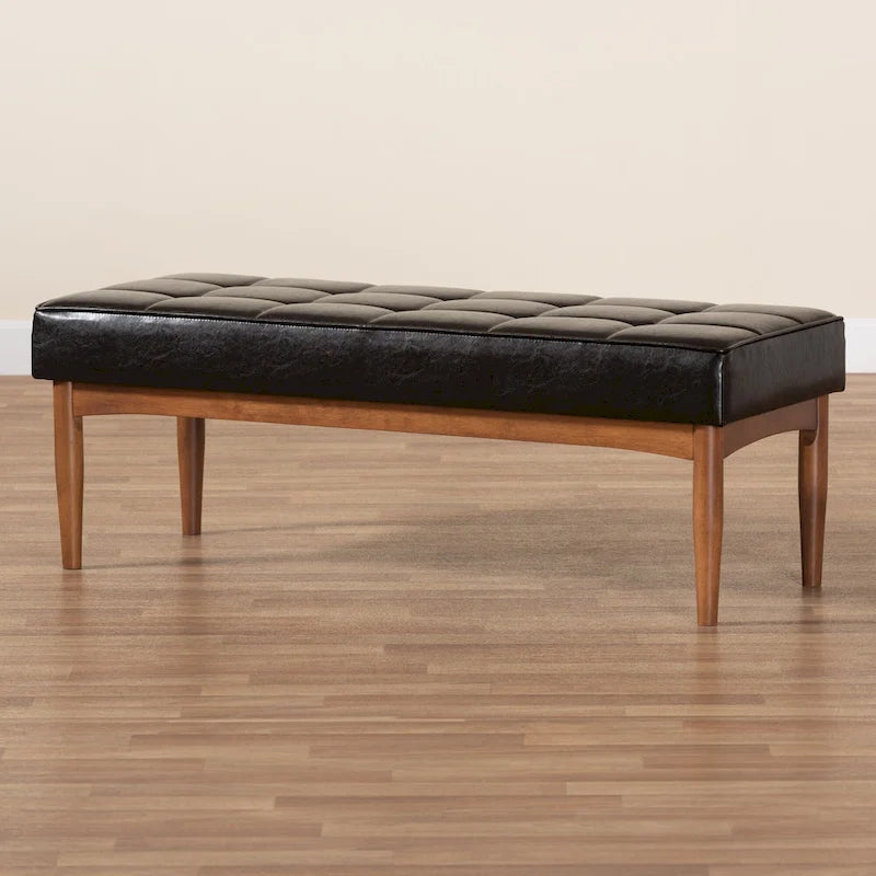 Grey / Dark Brown / Tan Mid-Century Dining Bench, 2-Seat