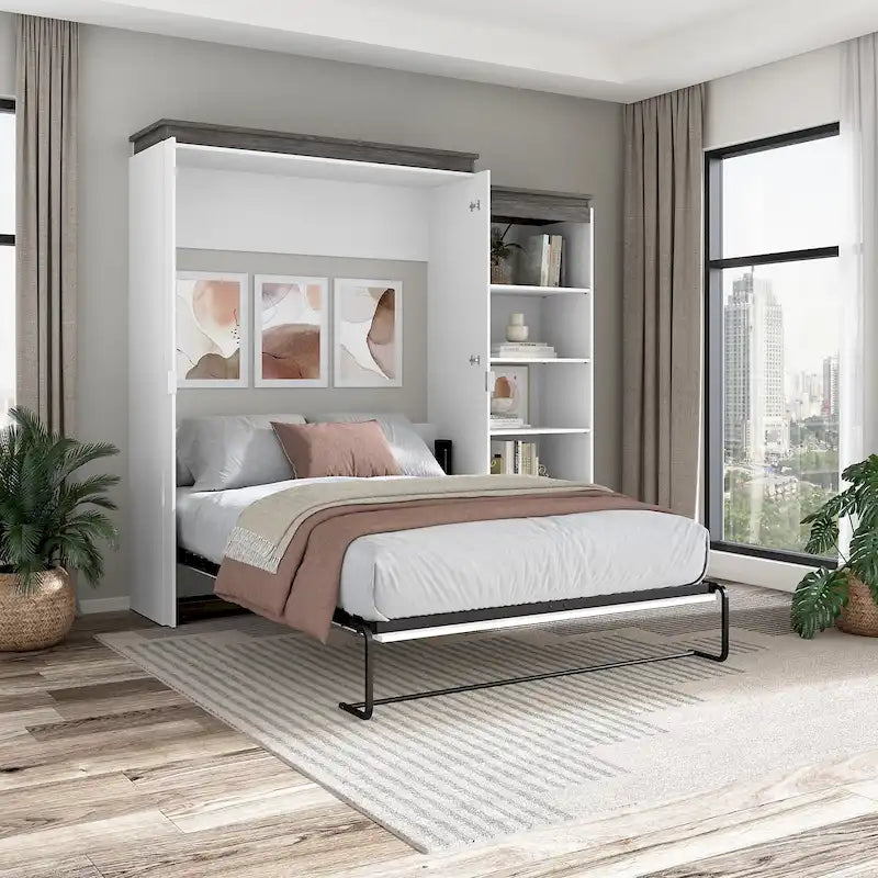 Queen Murphy Bed with Side Shelves, White & Walnut Grey / Bark Gray & Graphite, Sleeps 2