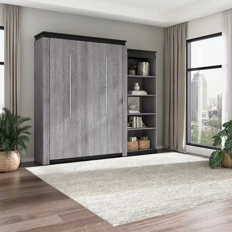 Queen Murphy Bed with Side Shelves, White & Walnut Grey / Bark Gray & Graphite, Sleeps 2