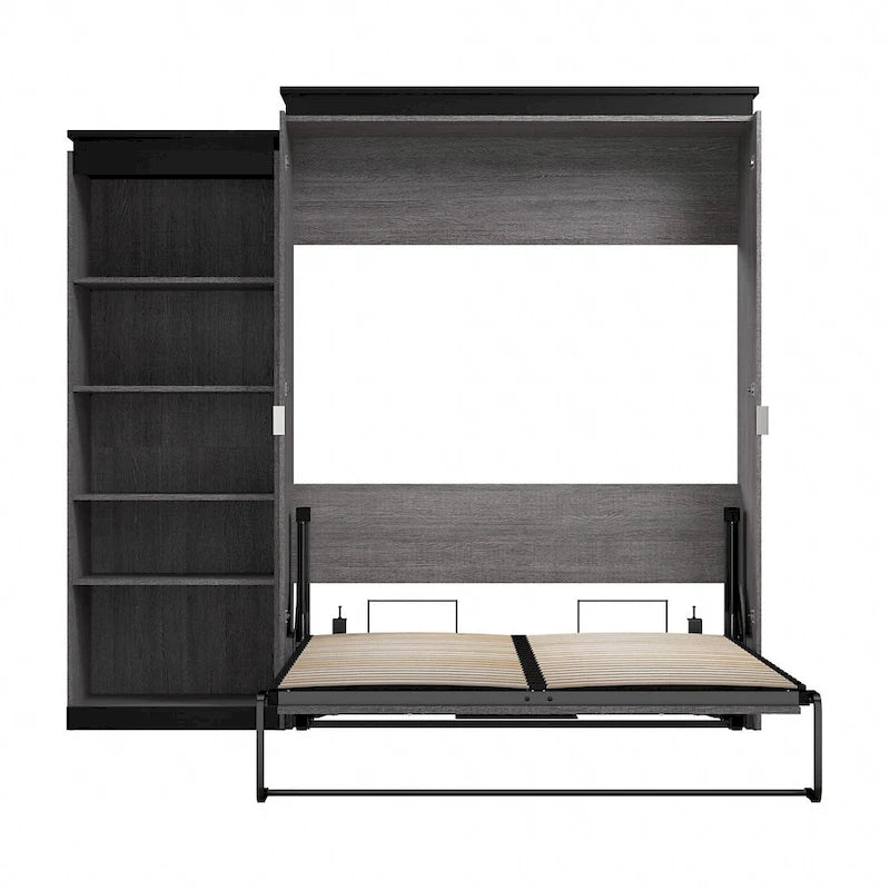 Queen Murphy Bed with Side Shelves, White & Walnut Grey / Bark Gray & Graphite, Sleeps 2