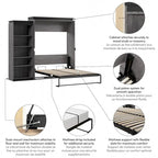 Queen Murphy Bed with Side Shelves, White & Walnut Grey / Bark Gray & Graphite, Sleeps 2