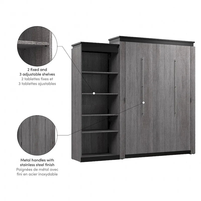 Queen Murphy Bed with Side Shelves, White & Walnut Grey / Bark Gray & Graphite, Sleeps 2