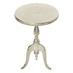 Silver Round Accent Side Table with Hammered Top & Scroll Legs