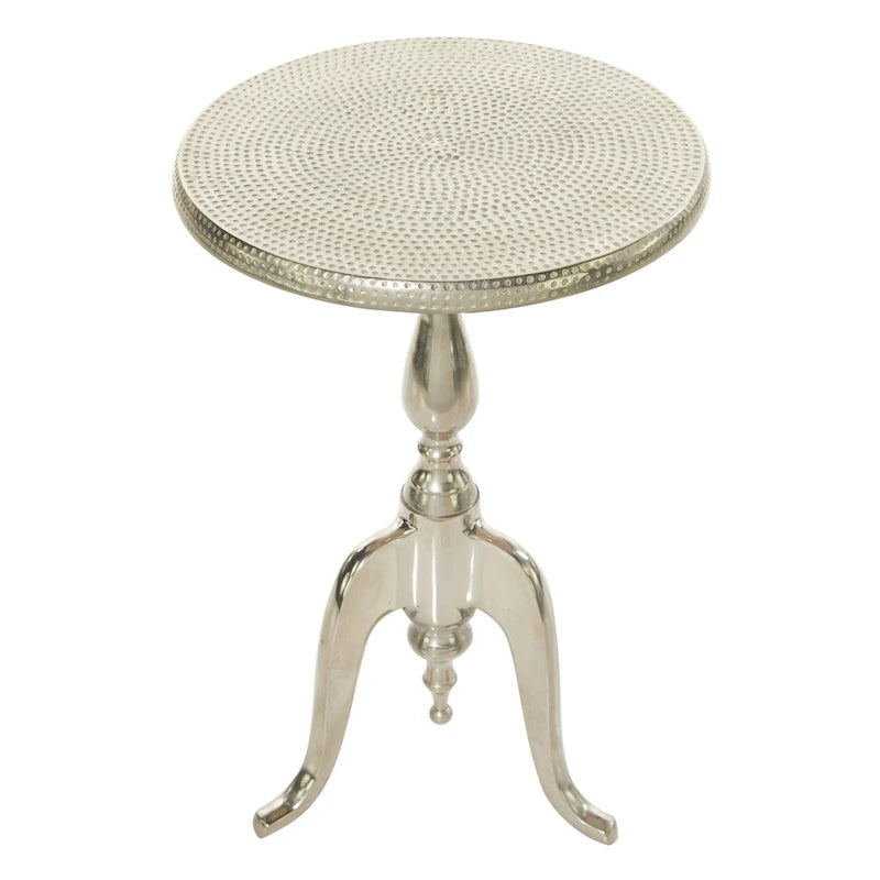 Silver Round Accent Side Table with Hammered Top & Scroll Legs