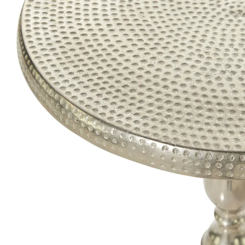 Silver Round Accent Side Table with Hammered Top & Scroll Legs