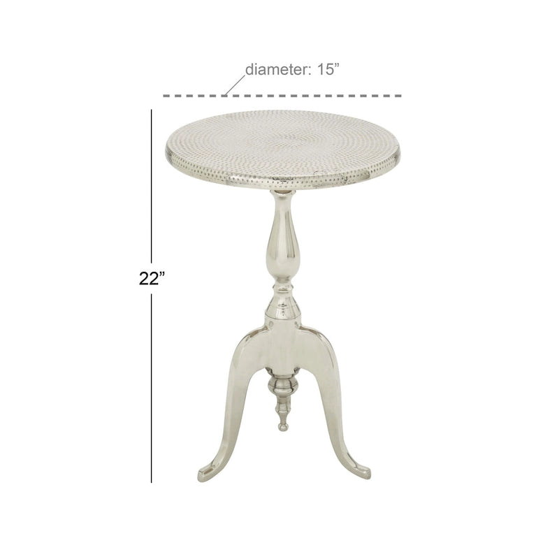 Silver Round Accent Side Table with Hammered Top & Scroll Legs