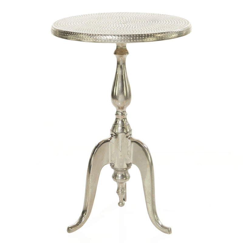 Silver Round Accent Side Table with Hammered Top & Scroll Legs