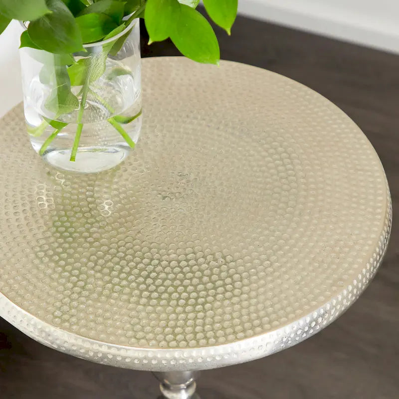 Silver Round Accent Side Table with Hammered Top & Scroll Legs