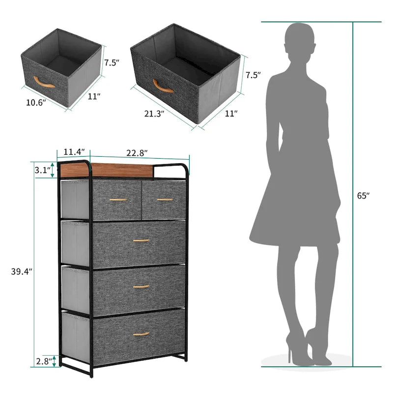 Light Grey / Dark Grey / Cream / Black 5-Drawer Fabric Storage Chest, 1-Person