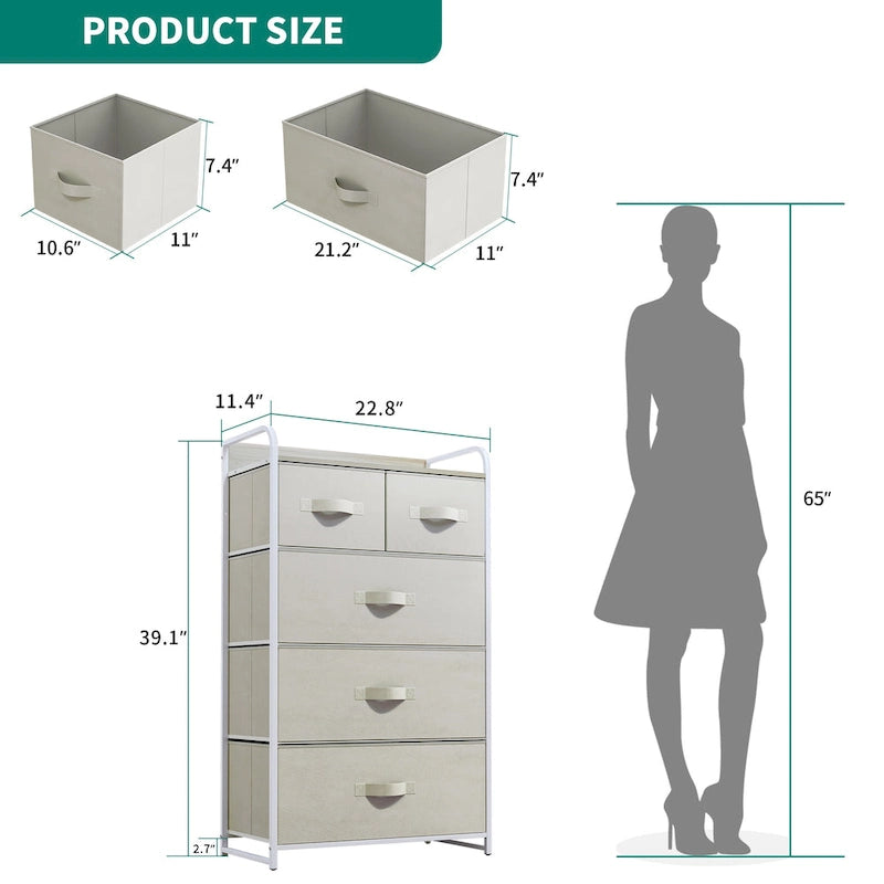 Light Grey / Dark Grey / Cream / Black 5-Drawer Fabric Storage Chest, 1-Person