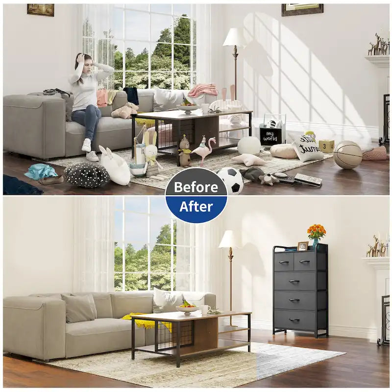 Light Grey / Dark Grey / Cream / Black 5-Drawer Fabric Storage Chest, 1-Person