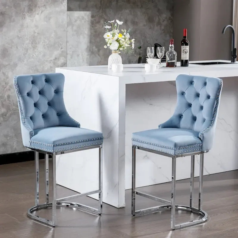 Velvet High-Back Counter Barstool, Button-Tufted, Chrome Base, Set of 2