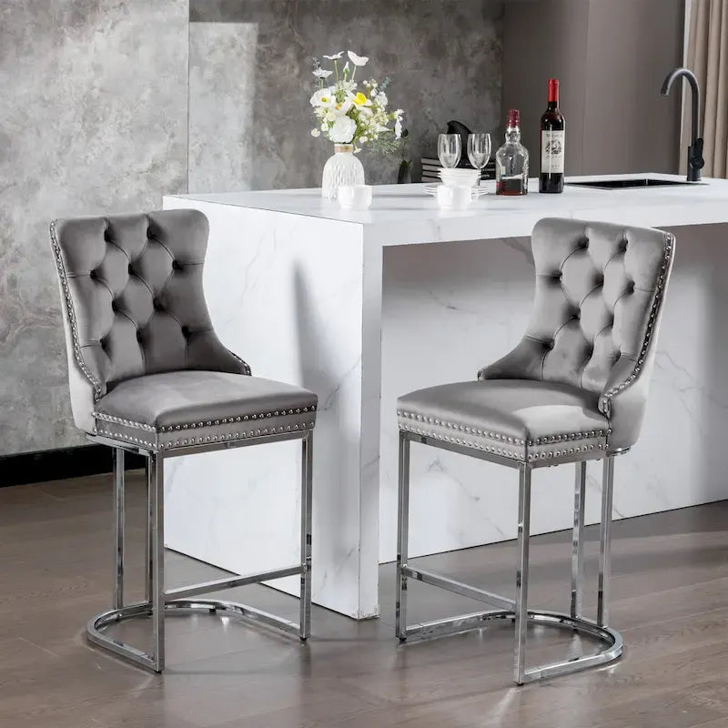 Velvet High-Back Counter Barstool, Button-Tufted, Chrome Base, Set of 2