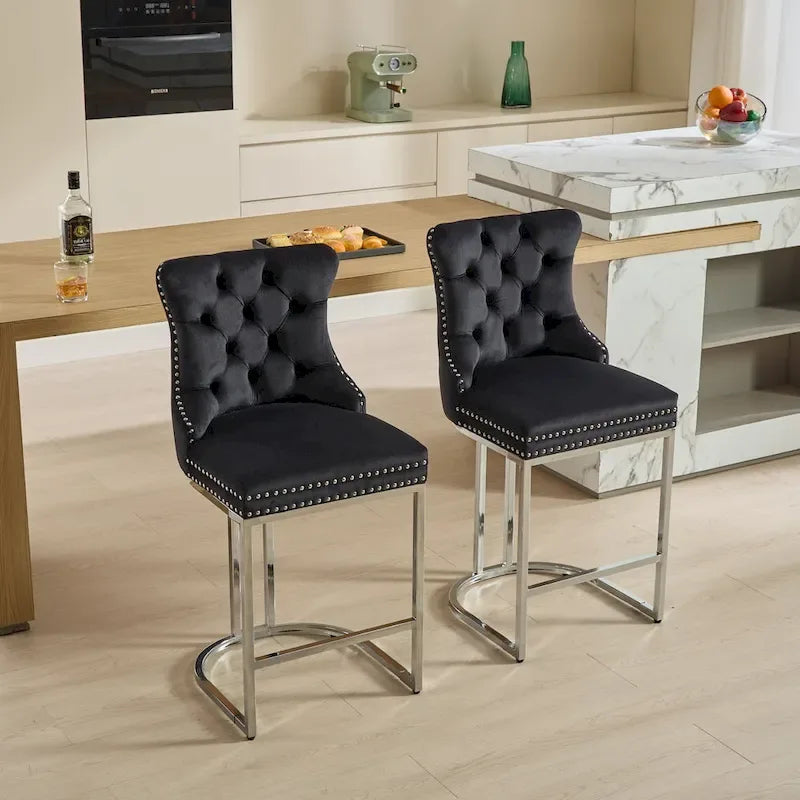 Velvet High-Back Counter Barstool, Button-Tufted, Chrome Base, Set of 2