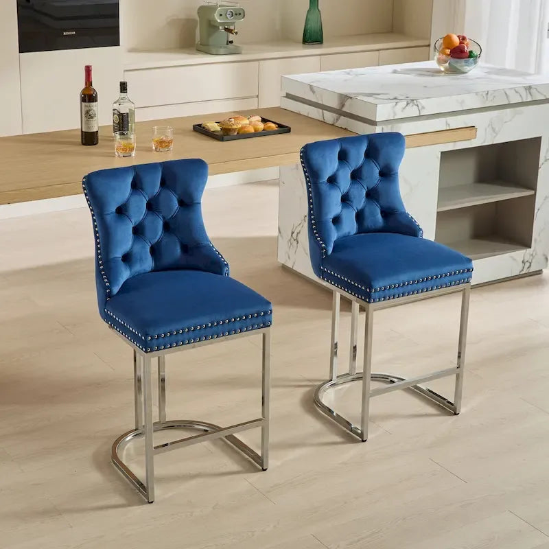Velvet High-Back Counter Barstool, Button-Tufted, Chrome Base, Set of 2